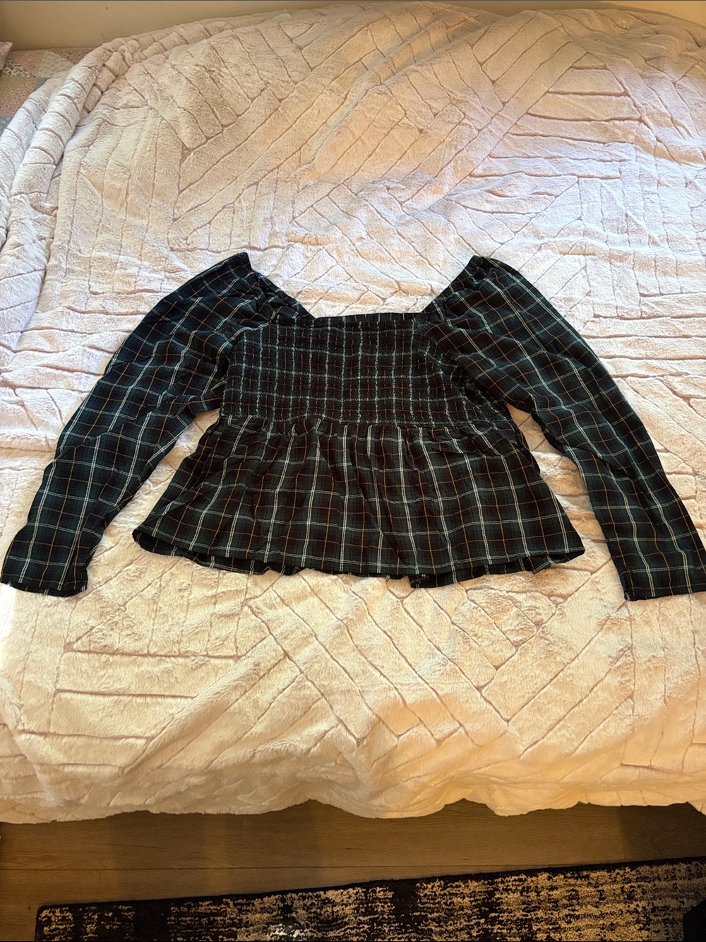 Old Navy Black and Green Plaid Smocked Peasant Top